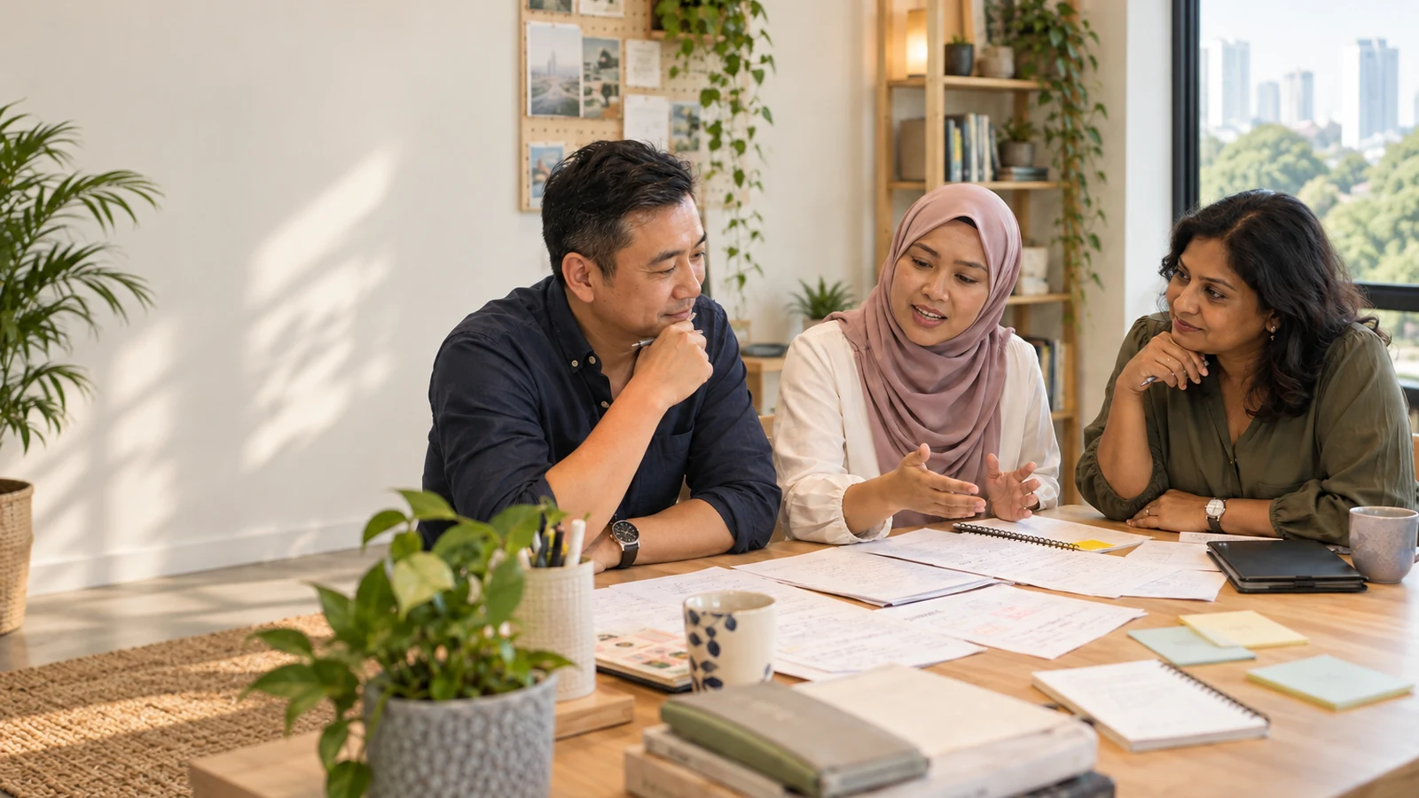 Education and learning partners discussing ideas around a table in Singapore.