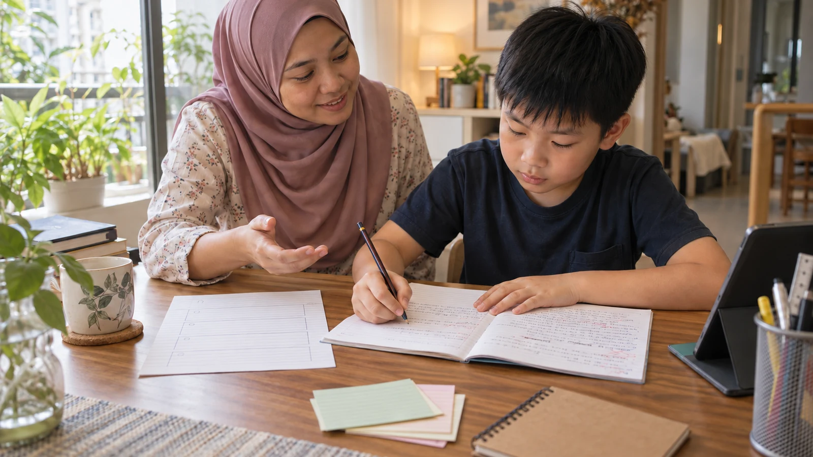 An educator supporting a learner who is writing at a table in a Singapore learning setting.