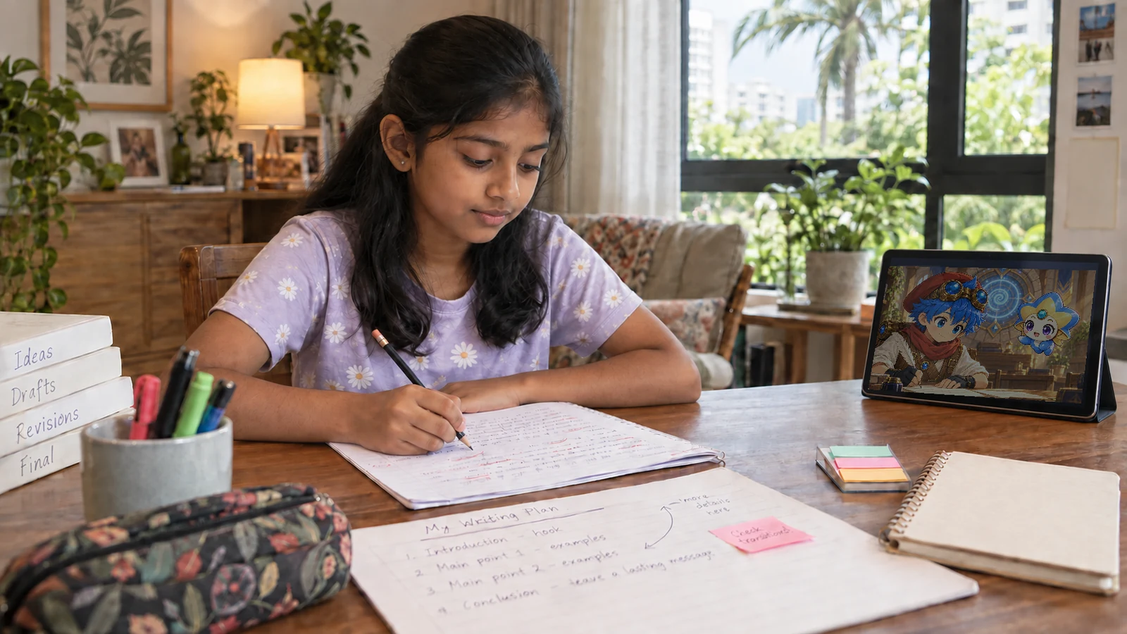 A learner continues a writing task while a nearby tablet shows a PiBA and Talingo learning scene.