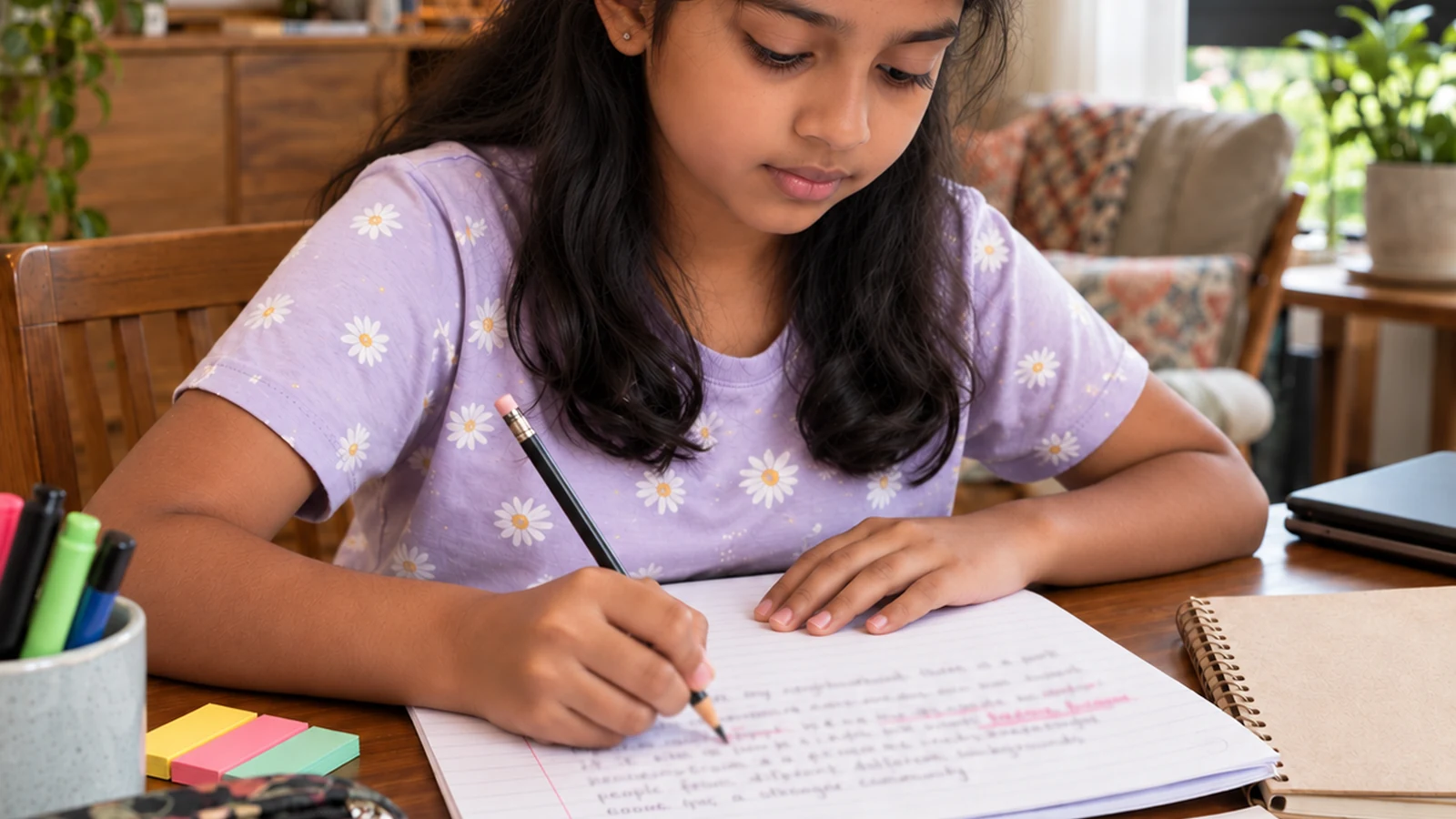 A learner doing her own writing at a table.