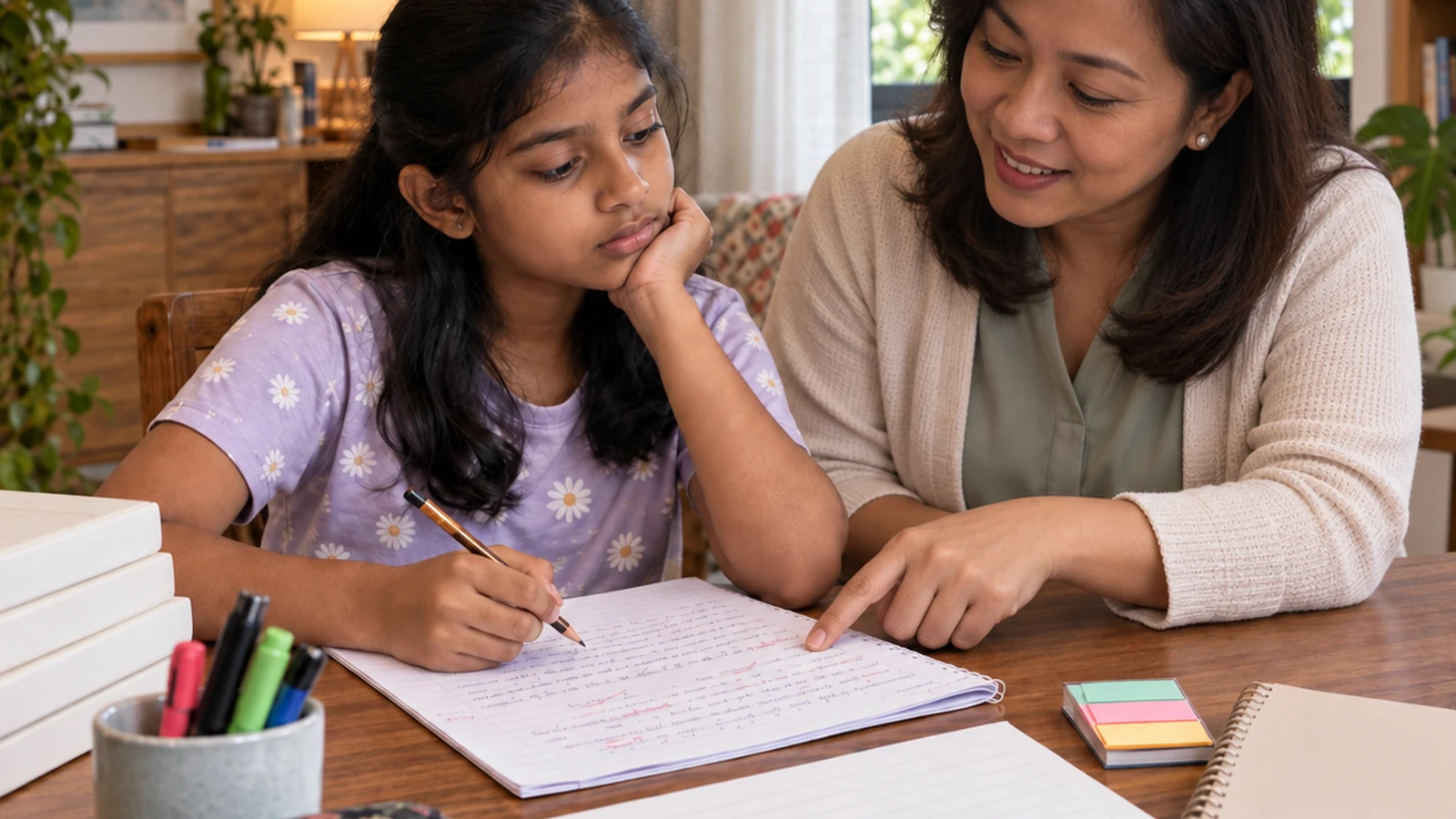 An educator guiding a learner as she works on a writing task.
