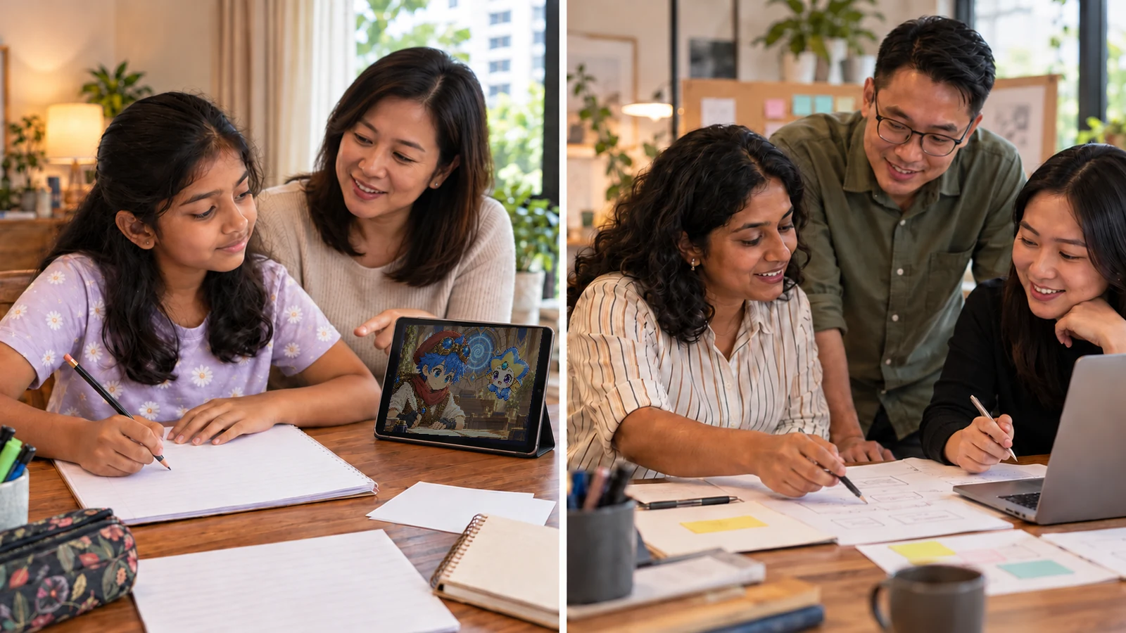 A learner writing with PiBA support on a tablet beside an educator, paired with a PEDGES product team collaborating.